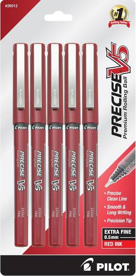 Pen Corporation Of America 26012 Rollerball Refills Retractable Fine Point 0.5 Mm Red Pack 5 Precise V5
