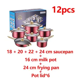 1005009344396644-red-united Resale Retail Online Sale 12pcs/set Stainless Steel Red Cookware Set Non-stick Pan Stock Soup Pots
