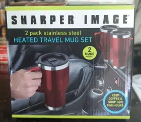 35357 Sharper Image Heated Travel Coffee Mug Stainless Steel 2 Pack No Spill Plug In
