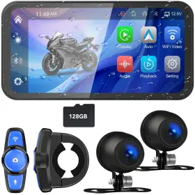 Tenbaba 639395619063 Portable 6.25 Inch Motorcycle Dvr Wireless Carplay/android Auto Dual Hd Cams Gps 128