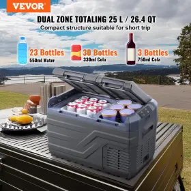 Vevor 197988217992 Portable Car Refrigerator Freezer Compressor 25 L Dual Zone For Home